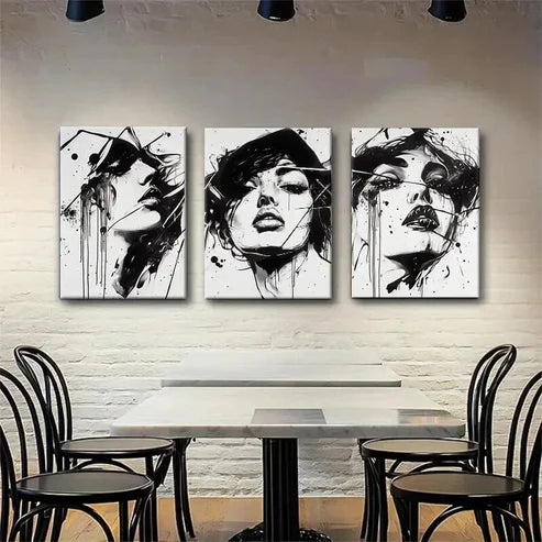 3pcs White Black Abstract Woman Stylish Perfect Wall Art Canvas Unframed - High Quality Print 100% Australian Made Wall Canvas