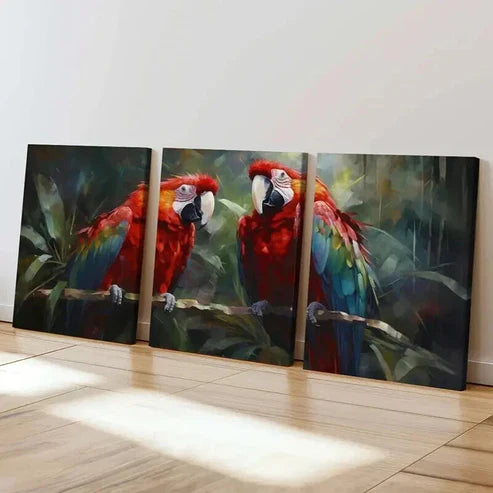 3pcs Red Macaw Birds In The Rainforest Wall Art Set Canvas Unframed - High Quality Print 100% Australian Made Wall Canvas