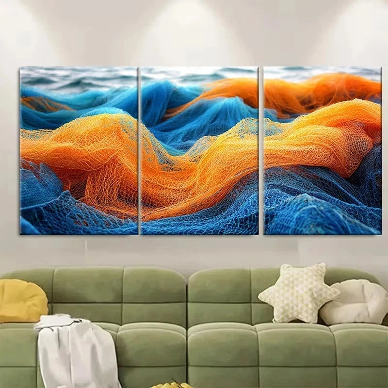 3pcs Fishing Nets Blue Orange Wall Art Set Canvas Framed 40x60cm - High Quality Print 100% Australian Made Wall Canvas Ready to Hang