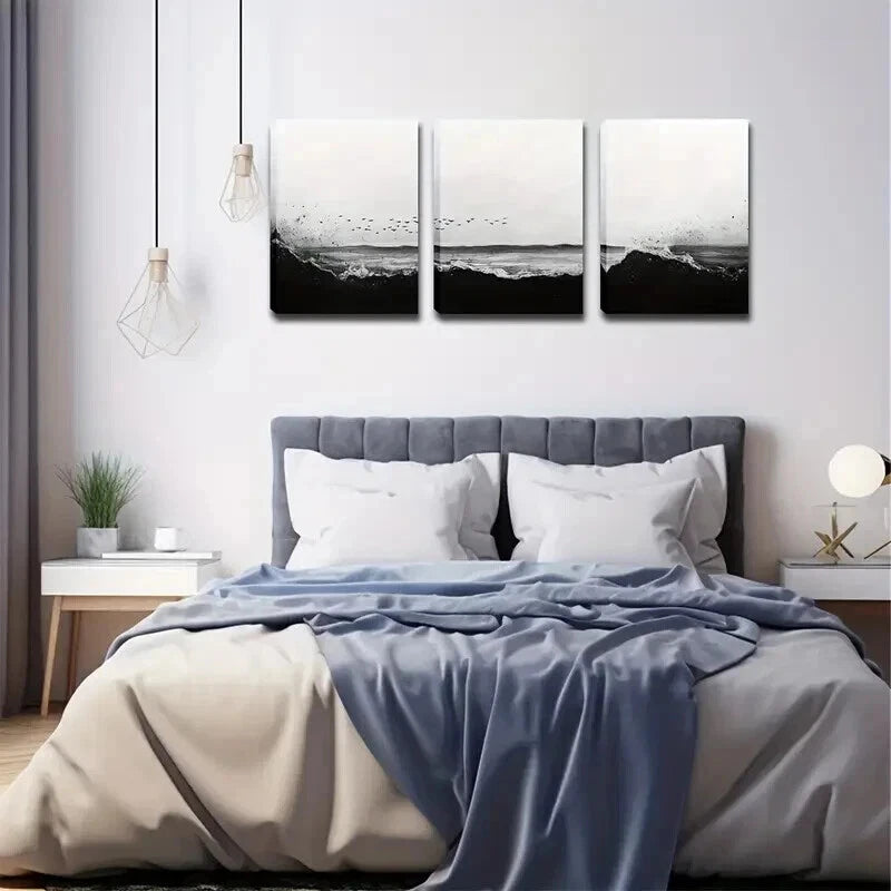 3pcs Black And White Beach Decorative Perfect Wall Art Set Canvas Framed 50x70cm - High Quality Print 100% Australian Made Wall Canvas Ready to Hang - Bella Home Decor