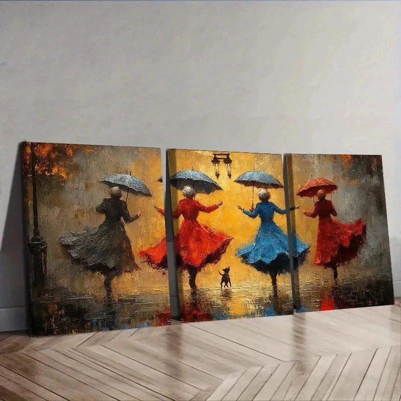 3pcs Women Dancing in the Rain Theme Wall Art Set Canvas Framed 40x60cm - High Quality Print 100% Australian Made Wall Canvas Ready to Hang
