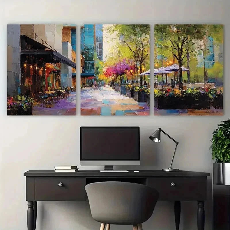 3pcs Restaurants On Street Spring City Perfect Wall Art Set Canvas Framed 50x70cm - High Quality Print 100% Australian Made Wall Canvas Ready to Hang
