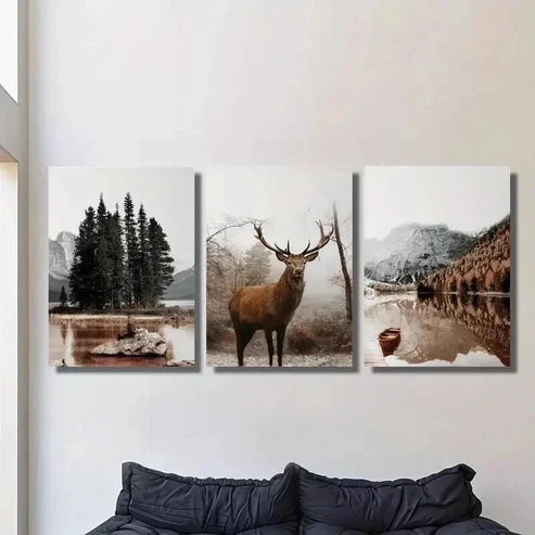3pcs Mountain Calm Lake Boat And a Stag Wall Art Set Canvas Unframed - High Quality Print 100% Australian Made Wall Canvas
