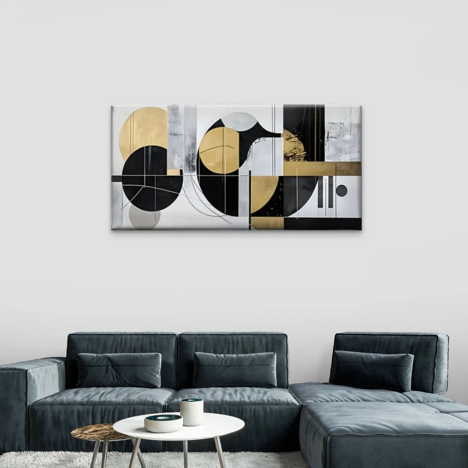 Black Golden Shapes Abstract Wall Art Canvas Office Home Room Framed 120x60cm