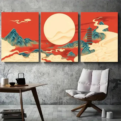 3pcs Chinese Zen Mountain Sun Wall Art Set Canvas Unframed - High Quality Print 100% Australian Made Wall Canvas - Bella Home Decor