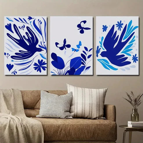3pcs Vibrant Blue Flowers Birds & Butterflies Wall Art Set Canvas Unframed - High Quality Print 100% Australian Made Wall Canvas