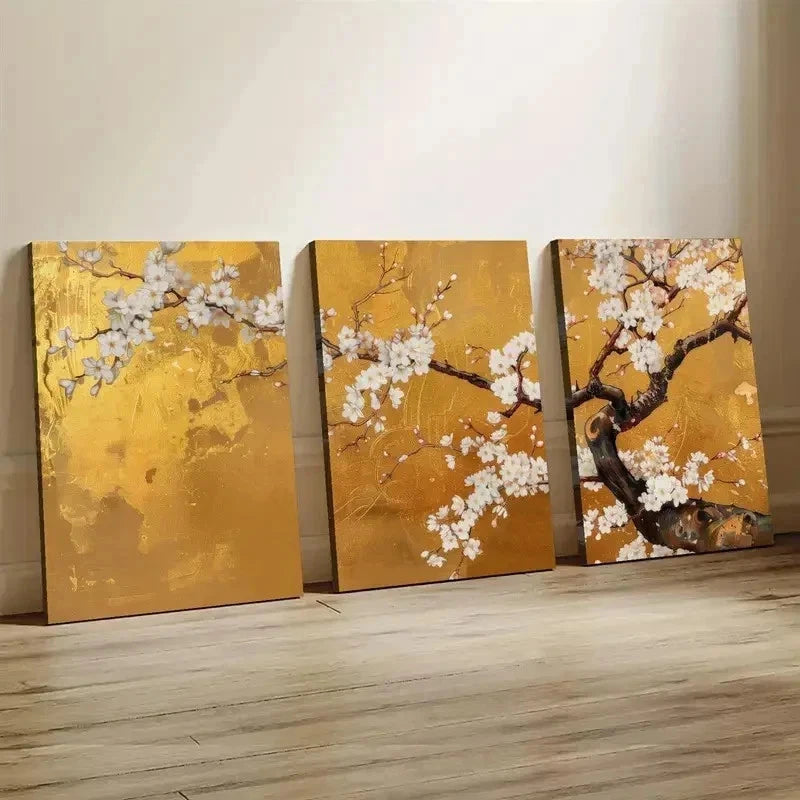 3pcs Japanese Cherry Blossom Golden Perfect Wall Art Set Canvas Framed 50x70cm - High Quality Print 100% Australian Made Wall Canvas Ready to Hang