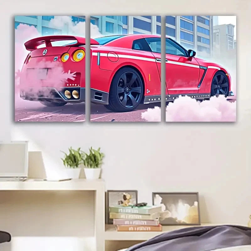 3pcs Red Sports Car With Smoke And Cityscape Wall Art Set Canvas Framed 50x70cm - High Quality Print 100% Australian Made Wall Canvas Ready to Hang