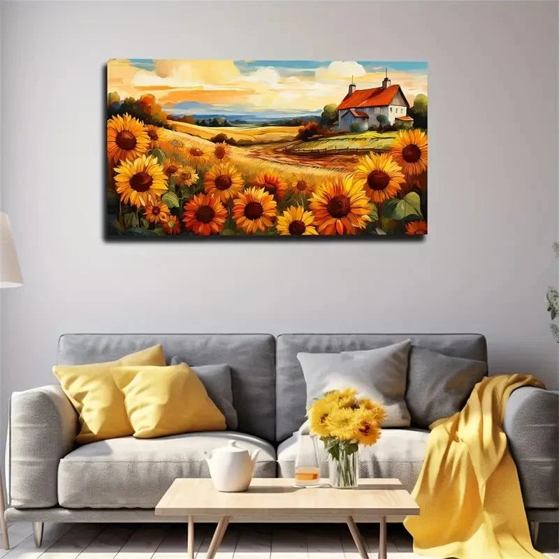 Sunflower Quiet Small House Wall Art Canvas Office Home Room Framed 120x60cm