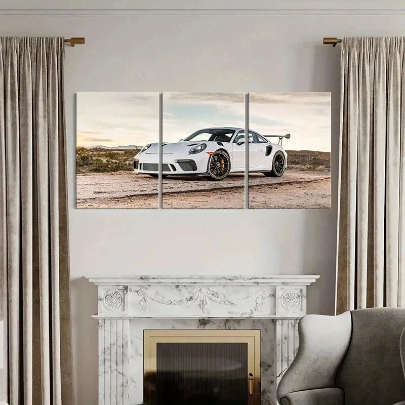 3pcs Sleek Sports Car White Porsche Wall Art Set Canvas Framed 50x70cm - High Quality Print 100% Australian Made Wall Canvas Ready to Hang