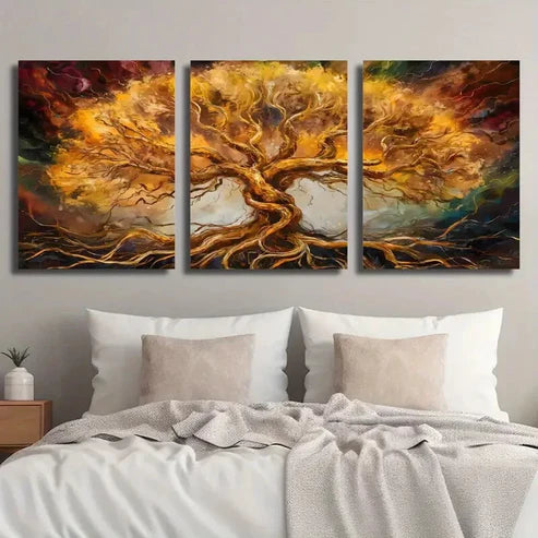 3pcs Golden Style Tree Decorative Wall Art Set Canvas Unframed - High Quality Print 100% Australian Made Wall Canvas - Bella Home Decor