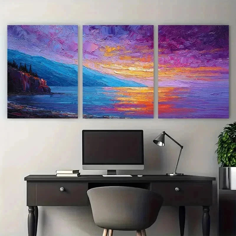 3pcs Seascape Blue Purple Sea Perfect Wall Art Set Canvas Framed 50x70cm - High Quality Print 100% Australian Made Wall Canvas Ready to Hang