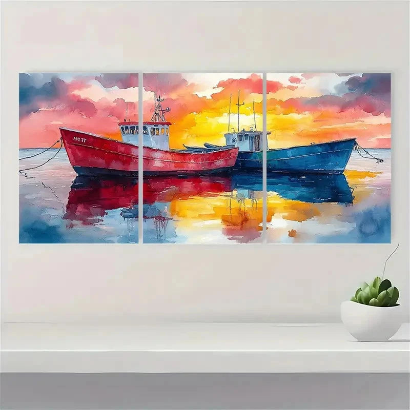 3pcs Marina Painting Sailboat Watercolor Fish E Wall Art Set Canvas Framed 50x70cm - High Quality Print 100% Australian Made Wall Canvas Ready to Hang