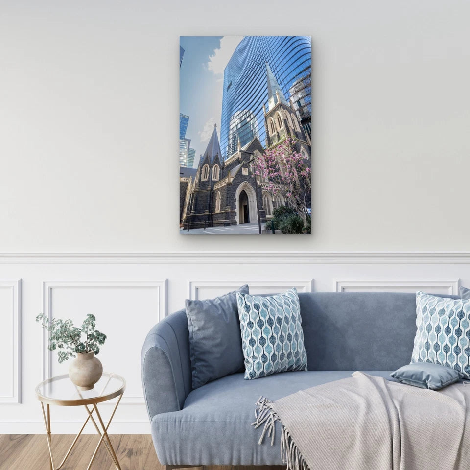 Historic Gothic Church Modern Blue Skyscraper 40x60cm Metal Print Ready to Hang