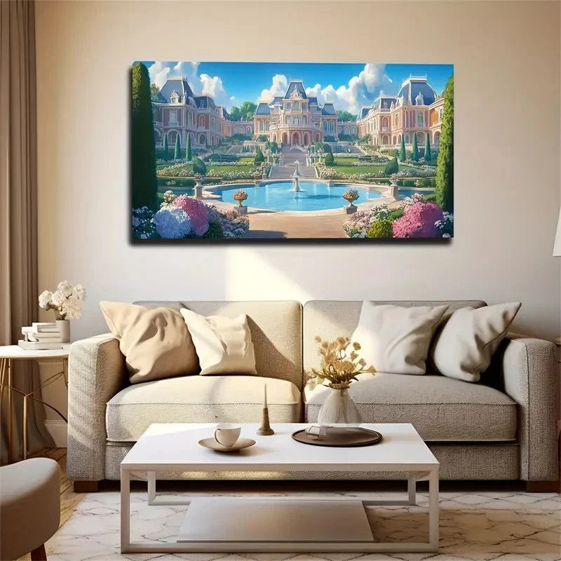 Villa Area Fountain Space Wall Art Canvas Office Home Room Framed 120x60cm