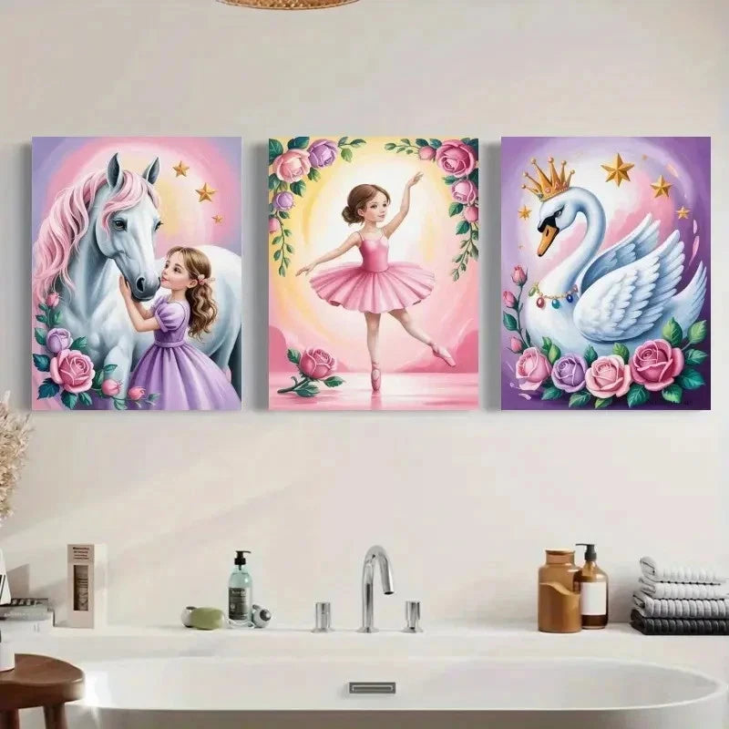 3pcs Ballet Girl, White Horse, Crowned Swan Wall Art Set Canvas Framed 50x70cm - High Quality Print 100% Australian Made Wall Canvas Ready to Hang - Bella Home Decor