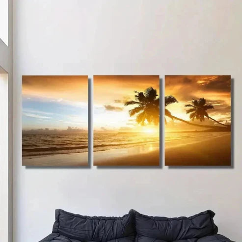 3pcs Sunset Over The Sea & Palm Trees Wall Art Canvas Unframed - High Quality Print 100% Australian Made Wall Canvas