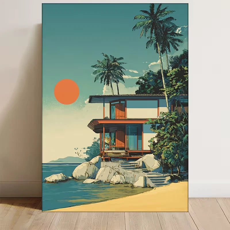 Tropical House, Palm Trees & Ocean View 60x90cm Metal Print Ready to Hang