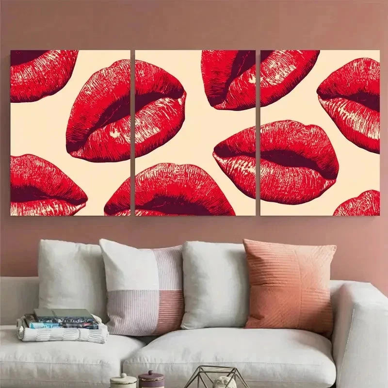 3pcs Red Lips Preppy Funky Décor Perfect Wall Art Set Canvas Framed 60x90cm - High Quality Print 100% Australian Made Wall Canvas Ready to Hang