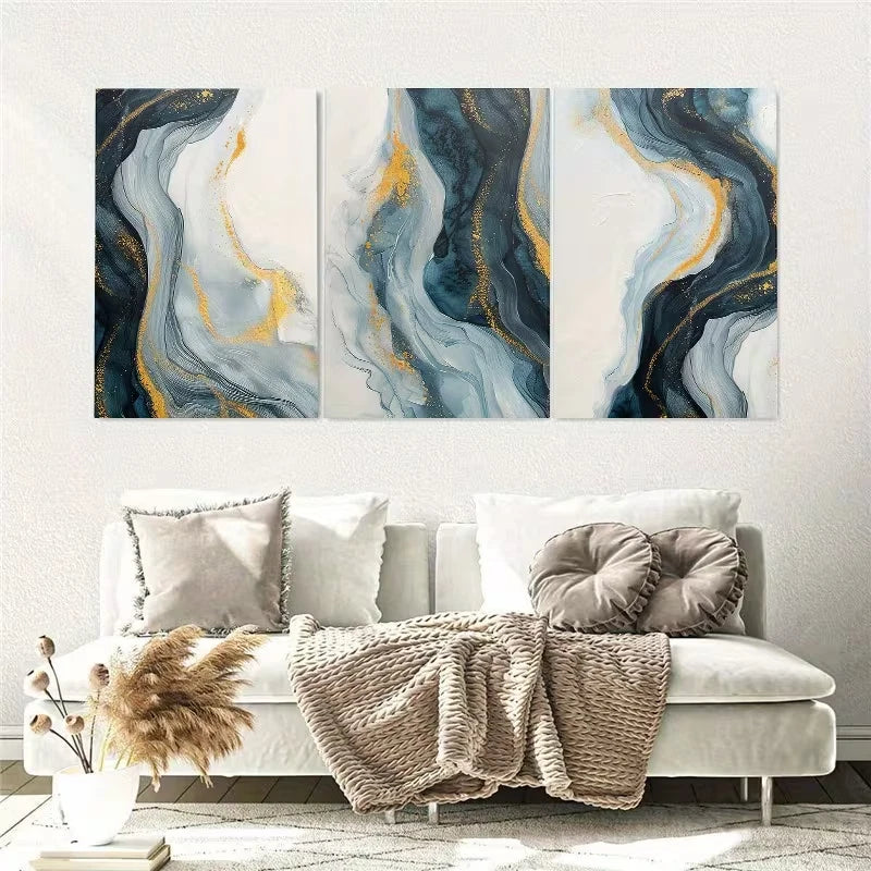 3pcs Golden and Blue Wavy Lines Wall Art Set Canvas Framed 50x70cm – High Quality Print, 100% Australian Made, Ready to Hang - Bella Home Decor