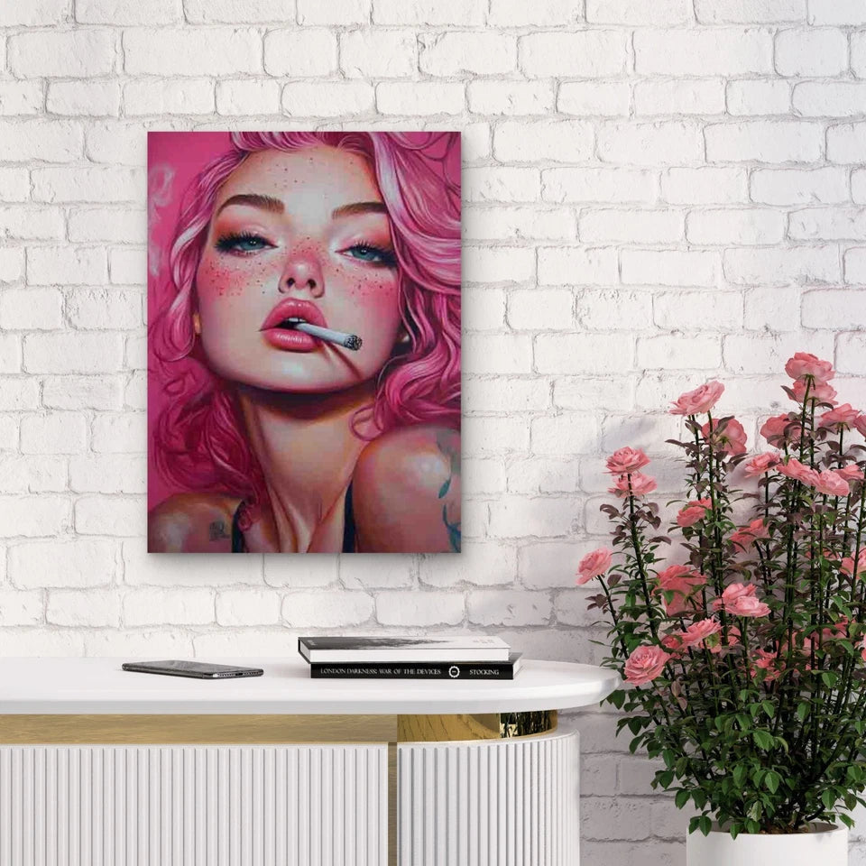 Smoking Girl Pink Hair & Tattooed Shoulder 40x60cm Metal Print Ready to Hang