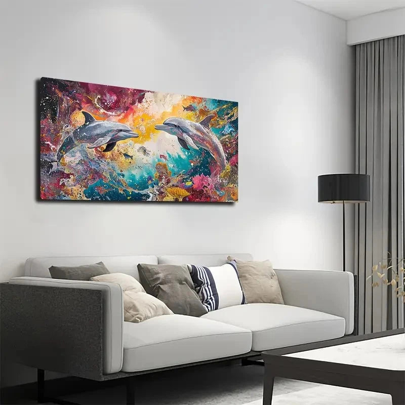 Two Dolphins In Vibrant Marine Wall Art Canvas Office Home Room Framed 120x60cm