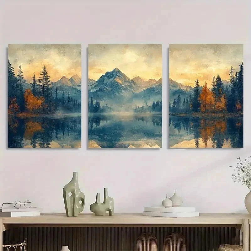 3pcs Abstract Mountain Forest Lake Perfect Wall Art Set Canvas Framed 50x70cm - High Quality Print 100% Australian Made Wall Canvas Ready to Hang - Bella Home Decor