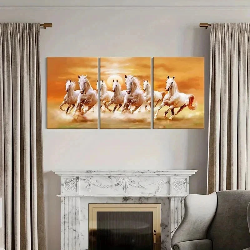 3pcs Animals White Horses Running Modern Wall Art Set Canvas Framed 40x60cm - High Quality Print 100% Australian Made Wall Canvas Ready to Hang