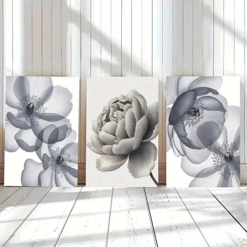 3pcs White Flower Minimalist Calligraphy Wall Art Set Canvas Framed 40x60cm - High Quality Print 100% Australian Made Wall Canvas Ready to Hang - Bella Home Decor