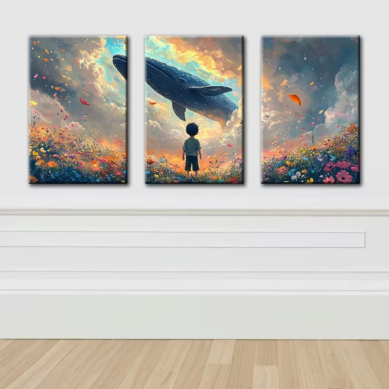 3pcs Fields, girls, whales Illustration Wall Art Set Canvas Framed 50x70cm - High Quality Print 100% Australian Made Wall Canvas Ready to Hang