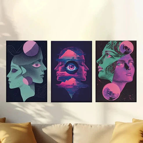 3pcs Glitch art style star human geometric Wall Art Set Canvas Unframed - High Quality Print 100% Australian Made Wall Canvas - Bella Home Decor