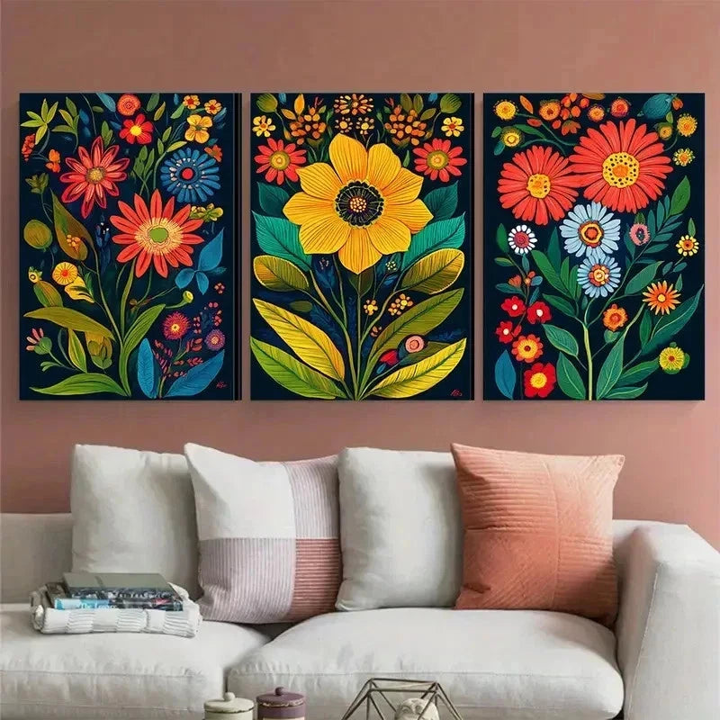 3pcs Vintage Venezuela Floral Folk Perfect Wall Art Set Canvas Framed 40x60cm - High Quality Print 100% Australian Made Wall Canvas Ready to Hang