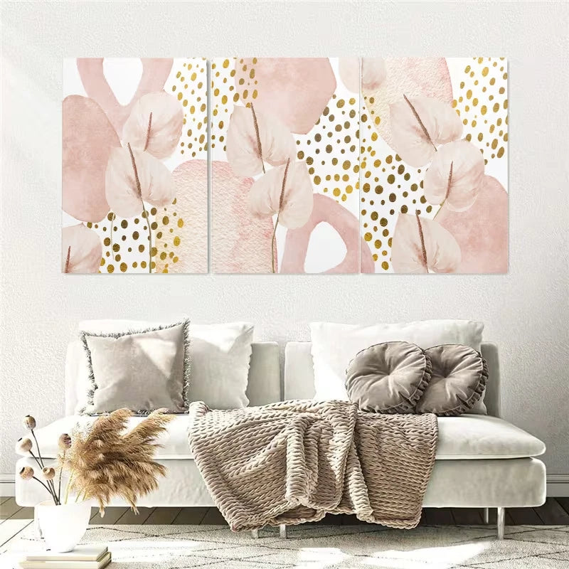 3pcs Soft Pink & Golden Abstract Painting Wall Art Set Canvas Framed 60x90cm – High Quality Print 100% Australian Made Wall Canvas Ready to Hang