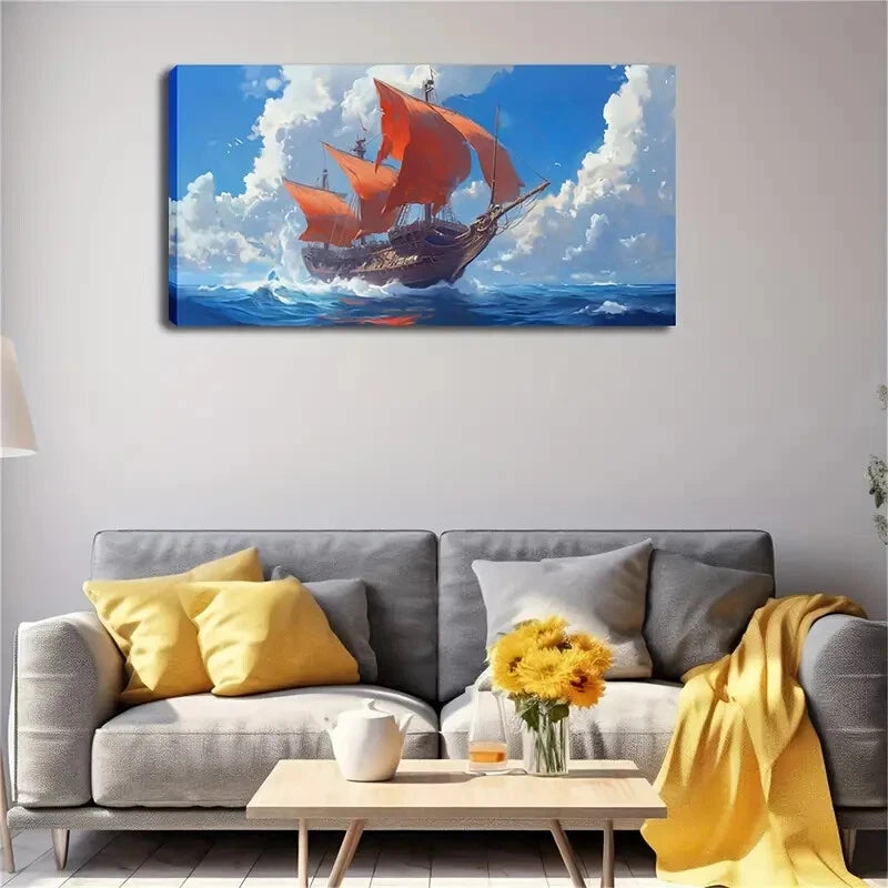 Vibrant Red Sailboat Blue Ocean Wall Art Canvas Office Home Room Framed 120x60cm - Bella Home Decor
