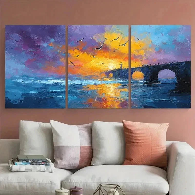 3pcs Bridge And Seagulls Sunrise Perfect Wall Art Canvas Framed 60x90cm - Bella Home Decor