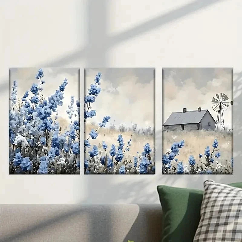 3pcs Farmhouse with Vibrant Blue Flowers Wall Art Set Canvas Framed 50x70cm - High Quality Print 100% Australian Made Wall Canvas Ready to Hang