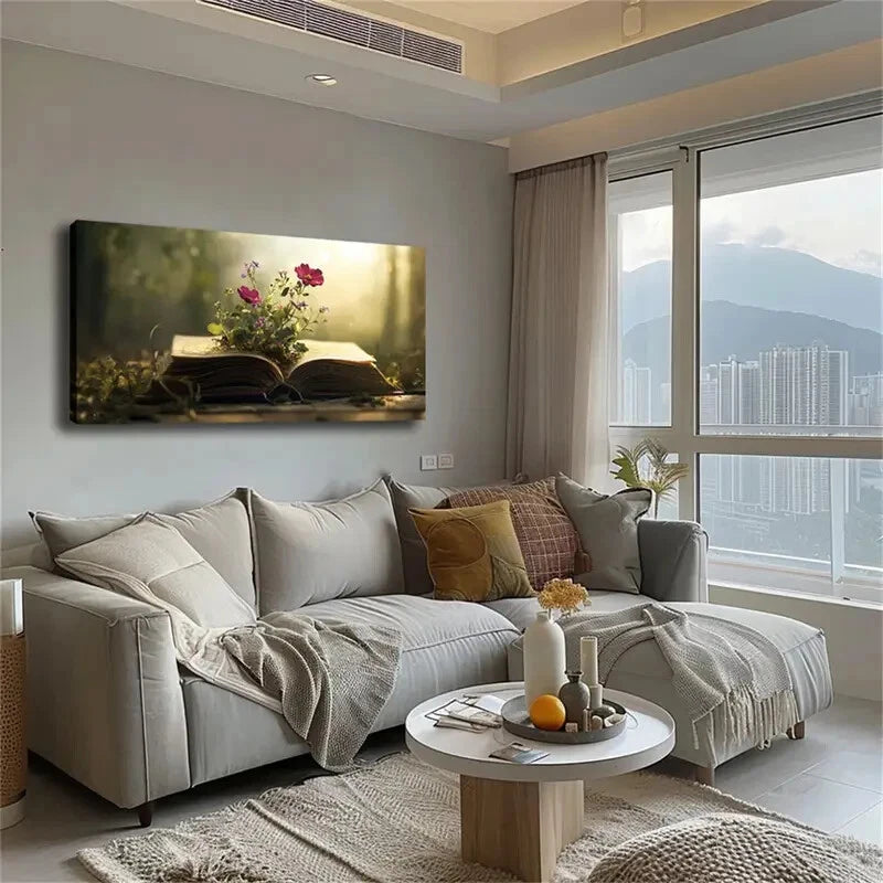 Vibrant Flowers & Open Book Wall Art Canvas Office Home Room Framed 120x60cm - Bella Home Decor