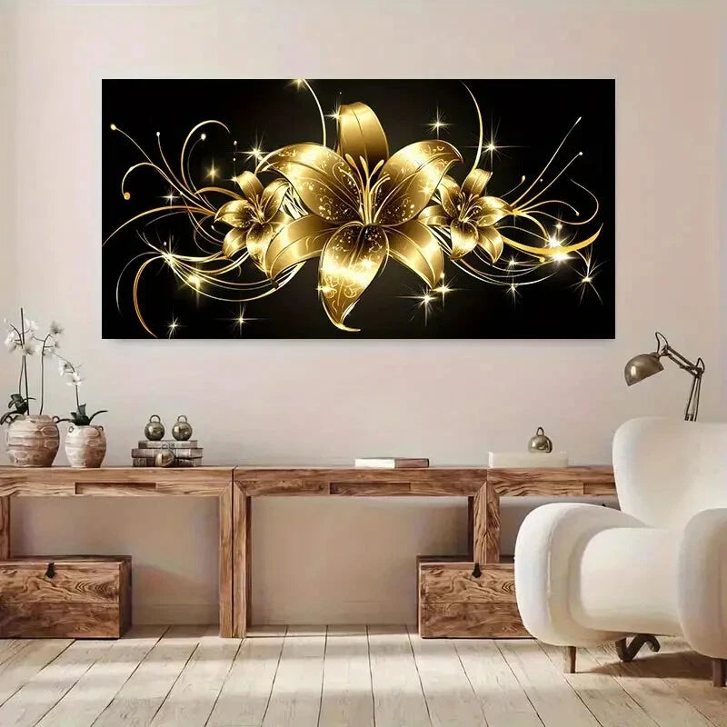 Black & Golden Floral Lil wall canvas office home room framed 120x60cm - Bella Home Decor