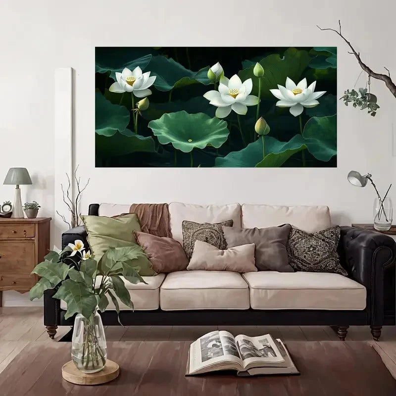 White Lotus Flowers Pond Wall Art Canvas Office Home Room Framed 120x60cm