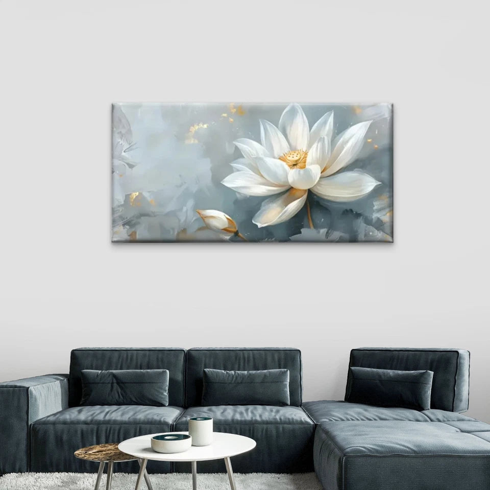 Modern White Lotus Flower Grey Wall Art Canvas Office Home Room Framed 120x60cm
