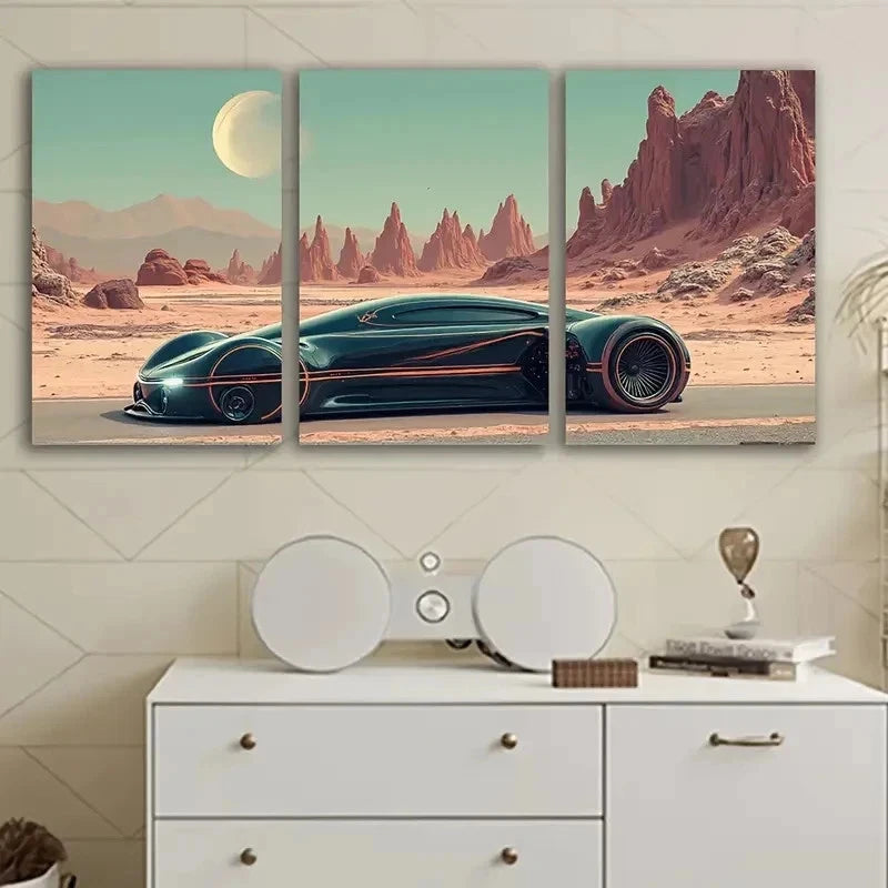 3pcs Futuristic Car In Desert Scene Wall Art Set Canvas Framed 40x60cm - High Quality Print 100% Australian Made Wall Canvas Ready to Hang - Bella Home Decor