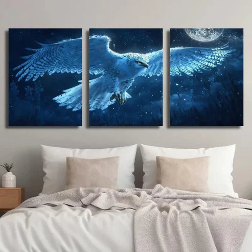 3pcs Majestic Snowy Owl in Moonlight Wall Art Set Canvas Unframed - High Quality Print 100% Australian Made Wall Canvas