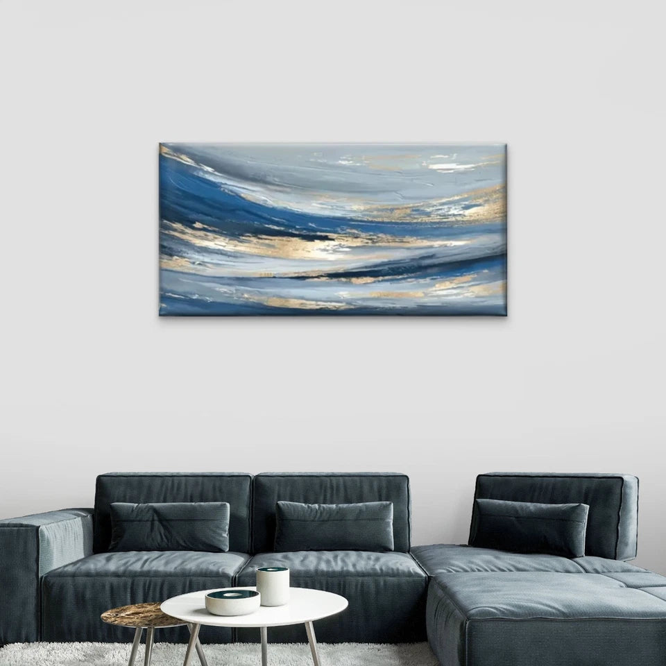 Blue Golden Waves Perfect Wall Art Canvas Office Home Room Framed 120x60cm