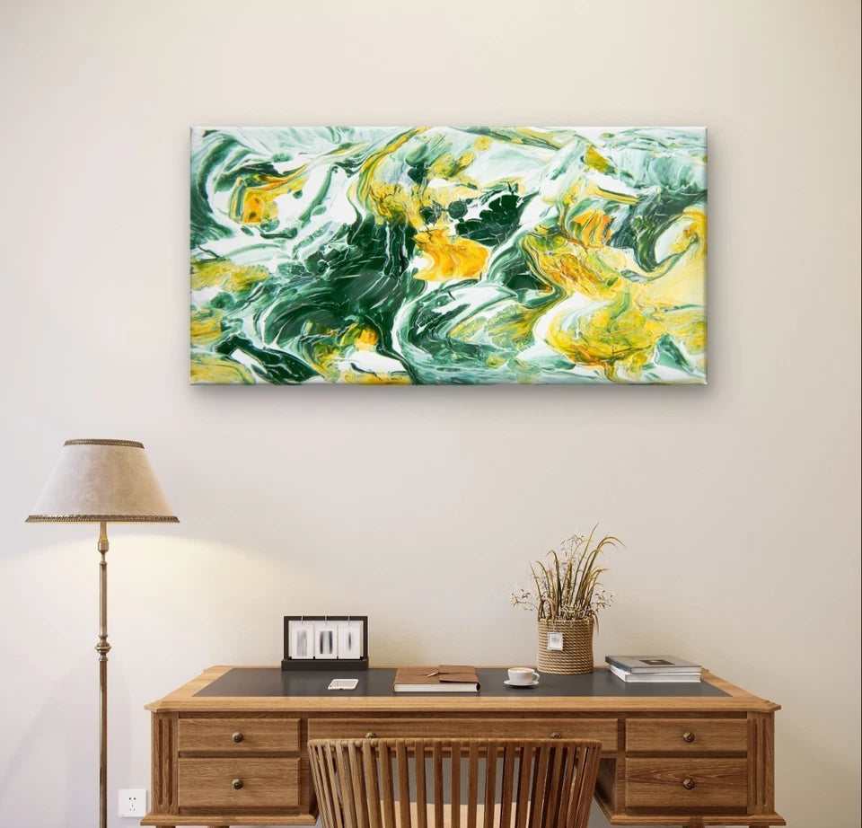 Abstract Green and Yellow Fluid Paint Wall Art Canvas Office Home Framed 120x60cm
