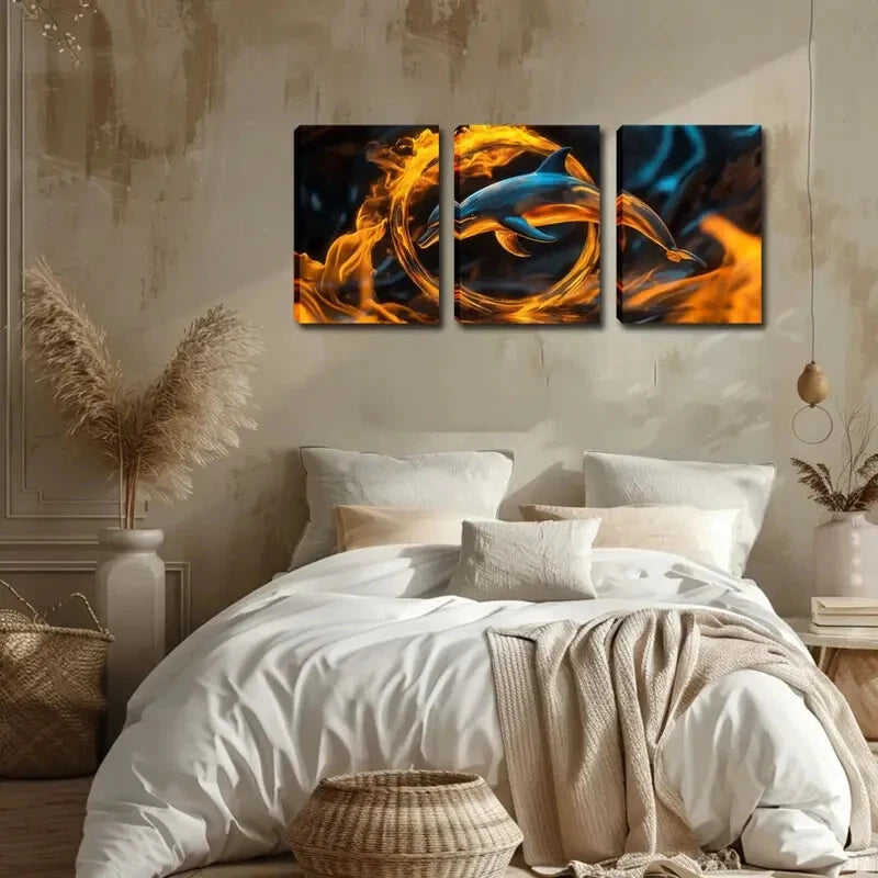 3pcs Abstract Dolphin And Fire Leaping Perfect Wall Art Set Canvas Framed 40x60cm - High Quality Print 100% Australian Made Wall Canvas Ready to Hang - Bella Home Decor
