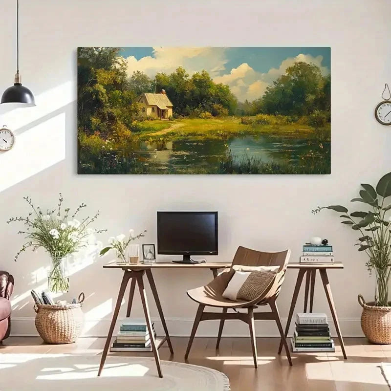 Countryside Pond Scene Décor Wall Art Canvas Office Home Room Framed 120x60cm - Bella Home Decor