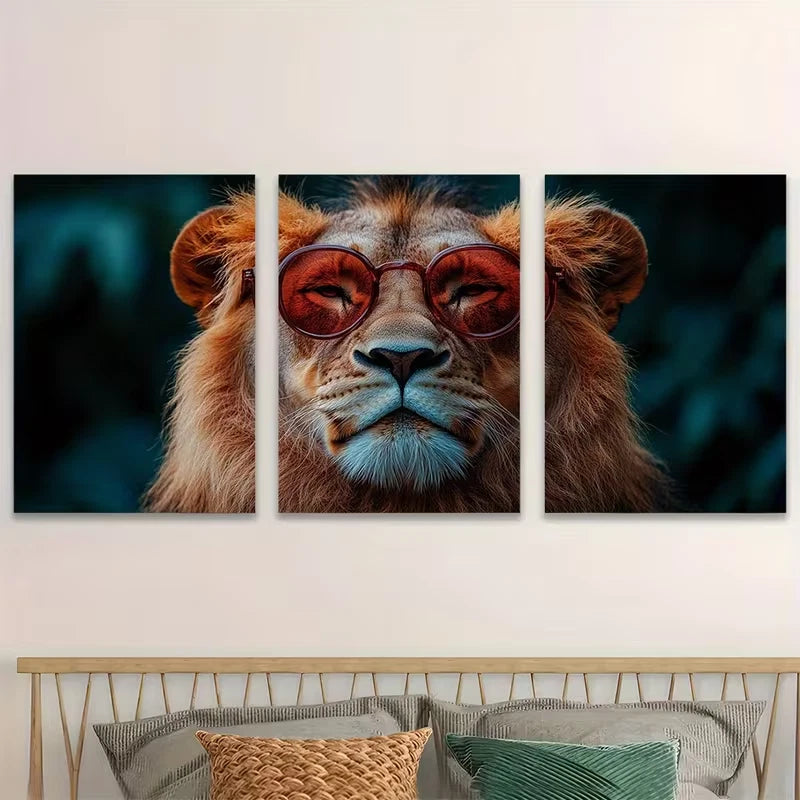 3pcs Lion with Glasses, Anthropomorphic Animal Metal Print Ready to Hang Art