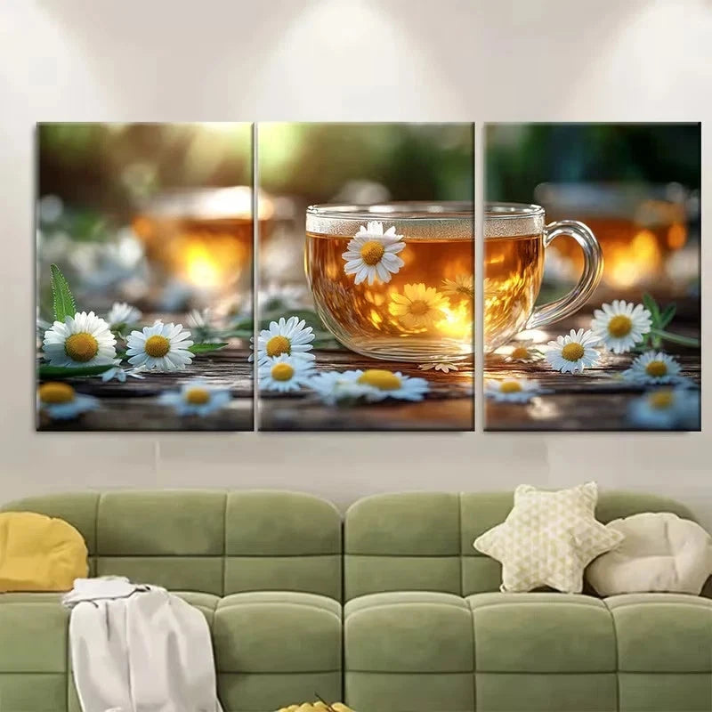 3pcs Natural Chamomile Daisy Tea Wall Art Set Canvas Framed 40x60cm - High Quality Print 100% Australian Made Wall Canvas Ready to Hang