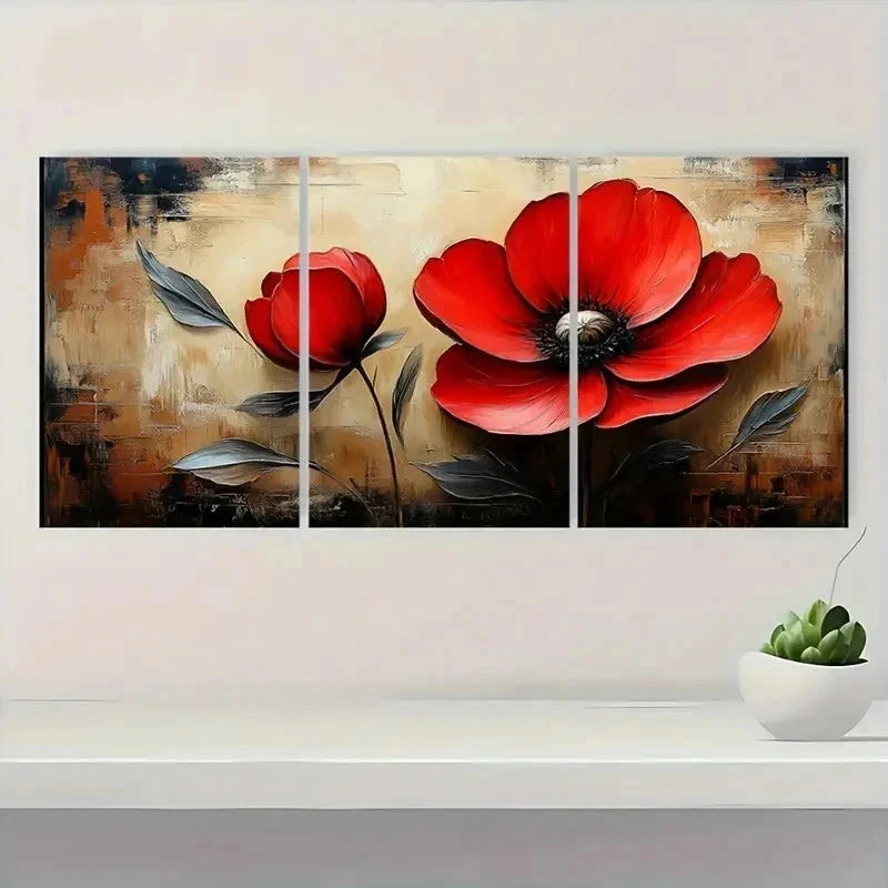 3pcs Red Flower Beige Vintage Perfect Wall Art Set Canvas Framed 50x70cm - High Quality Print 100% Australian Made Wall Canvas Ready to Hang