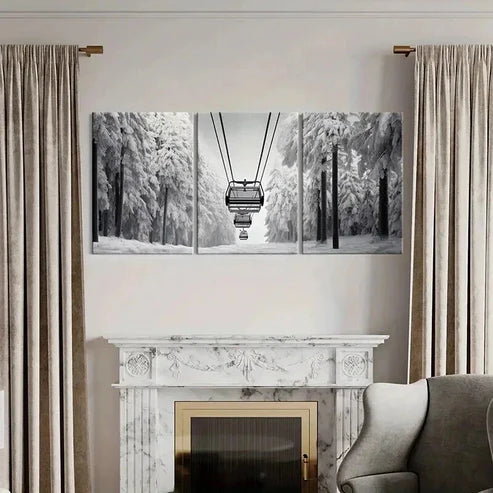 3pcs Ski Lift Black And White Winter Snow Forest Wall Art Canvas Unframed - High Quality Print 100% Australian Made Wall Canvas